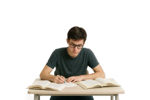 A student studying with open books at a desk in a focused environment, representing the disciplined learning approach taught by Dr. Vivek Sharma.