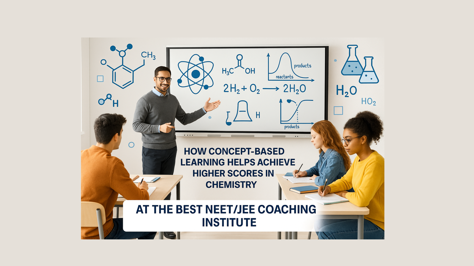 A chemistry teacher explaining scientific concepts to students in a modern classroom with diagrams on the board, illustrating concept-based learning at the Best NEET/JEE Coaching Institute.