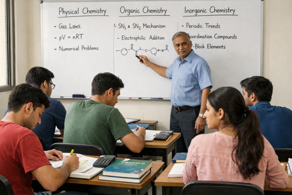 Best Chemistry Teacher for NEET explaining organic, physical, and inorganic chemistry concepts on a classroom whiteboard while NEET aspirants attentively study and take notes during an interactive lecture.