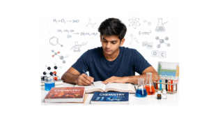 NEET and JEE aspirant studying Chemistry with textbooks, formulas, and lab equipment, guided by the Best Chemistry Teacher in Kurukshetra for concept clarity and exam success.
