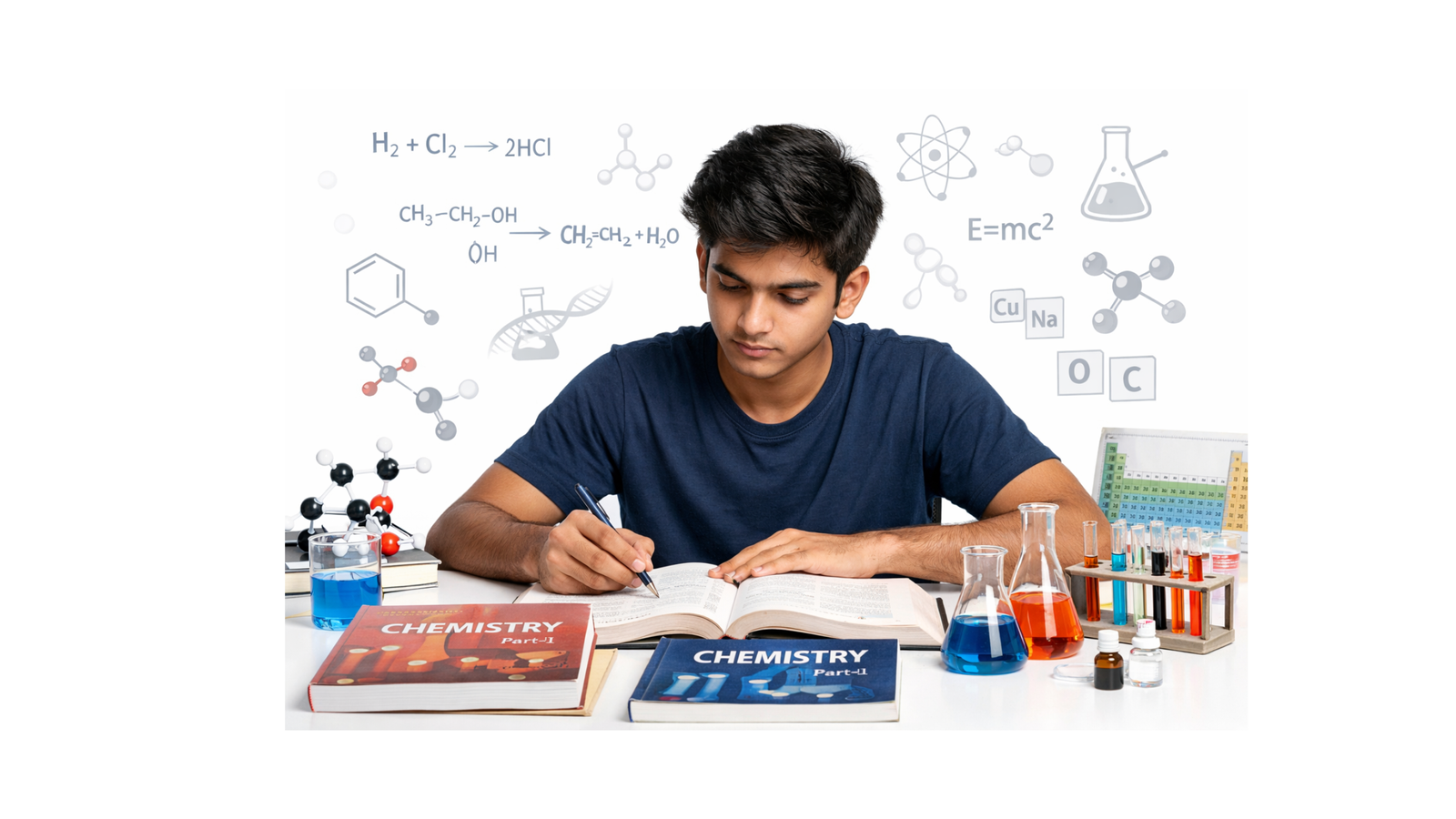 NEET and JEE aspirant studying Chemistry with textbooks, formulas, and lab equipment, guided by the Best Chemistry Teacher in Kurukshetra for concept clarity and exam success.