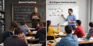 Classroom comparison showing general teaching versus concept-based organic chemistry instruction, where an experienced Best Chemistry Teacher for NEET explains reaction mechanisms clearly while students actively engage and understand concepts.