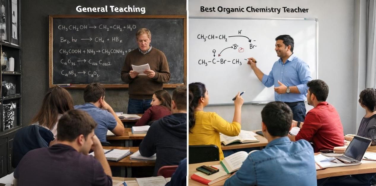 Classroom comparison showing general teaching versus concept-based organic chemistry instruction, where an experienced Best Chemistry Teacher for NEET explains reaction mechanisms clearly while students actively engage and understand concepts.