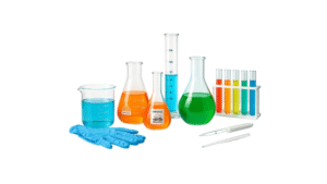 Laboratory beakers, flasks, test tubes with colorful chemical solutions, gloves, and pipettes arranged on a white background, representing practical learning at the best Chemistry coaching institute in KKR.
