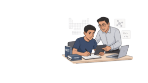 Best Chemistry Teacher in Kurukshetra guiding a student preparing for NEET, showing concepts on a tablet while the student writes notes at a study desk with NEET books, notebooks, and a laptop