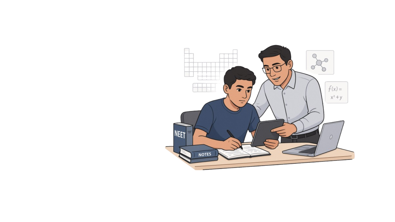 Best Chemistry Teacher in Kurukshetra guiding a student preparing for NEET, showing concepts on a tablet while the student writes notes at a study desk with NEET books, notebooks, and a laptop