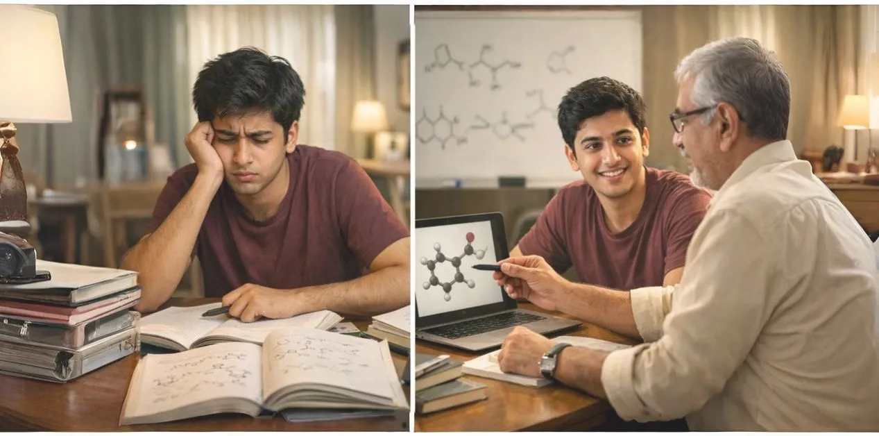 Confused NEET student gaining clarity in chemistry after guidance from an expert mentor, meet best chemistry teacher for NEET helping students understand concepts with confidence