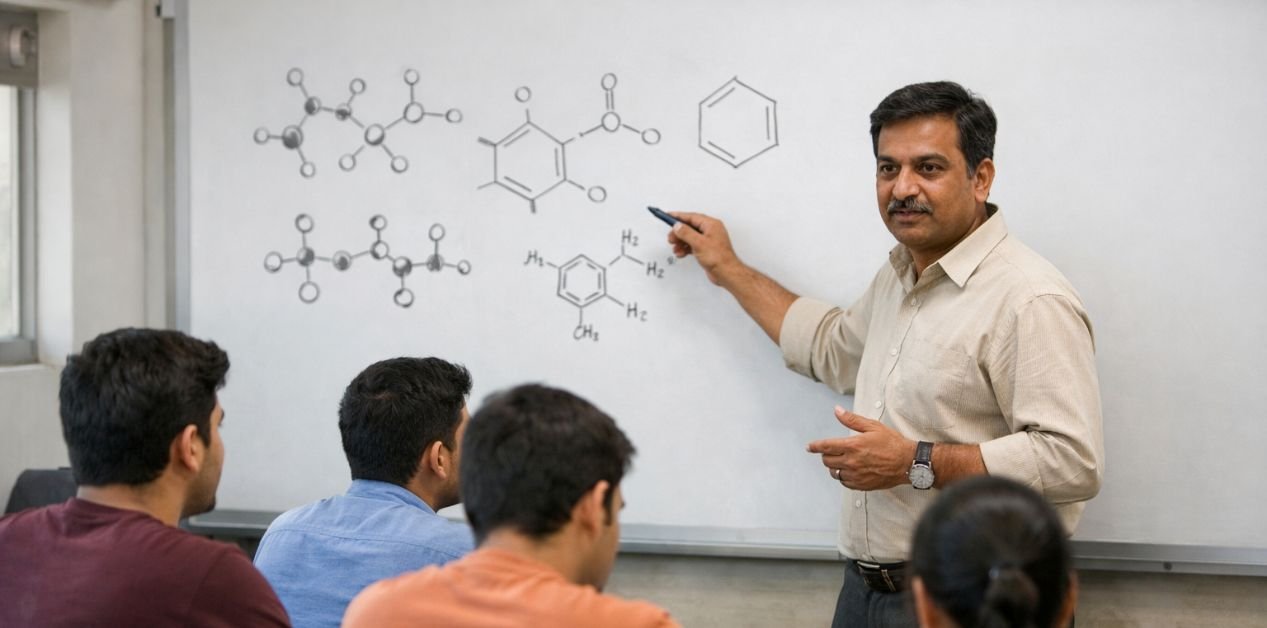 Experienced Chemistry Teacher explaining organic chemistry concepts to students in a classroom