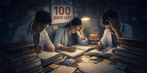 Focused medical aspirants studying late at night with books, notes, and a countdown calendar, representing an intense NEET 2026 revision strategy for revising the full syllabus in 100 days.