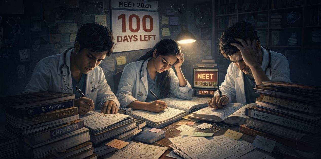 Focused medical aspirants studying late at night with books, notes, and a countdown calendar, representing an intense NEET 2026 revision strategy for revising the full syllabus in 100 days.