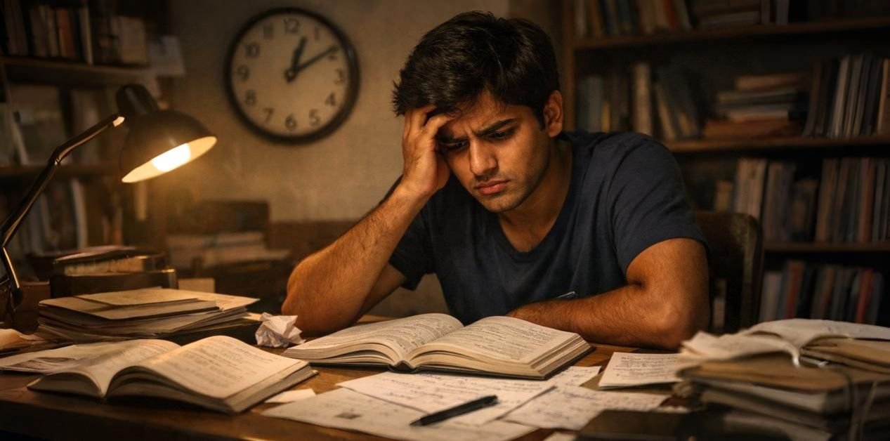 Hard-working NEET aspirant studying late at night with books and notes, feeling stressed and confused, highlighting the need for the Best Coaching Institute for NEET.