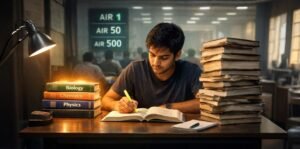 A NEET aspirant studying at a desk with NCERT Biology, Chemistry, and Physics books on one side and a tall stack of reference books on the other, showing the comparison of NCERT vs Reference Books for NEET.