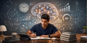 A focused NEET student studying at a desk with books, tablet, and glowing brain graphics in the background, representing the science behind Consistent Performance in NEET Preparation through discipline, memory, and data-driven learning.