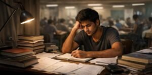 Hardworking NEET and JEE aspirant studying late at night with books and notes, looking stressed as exam preparation effort does not match results