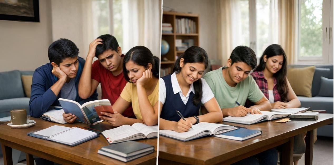 Students preparing for NEET & JEE exams showing confusion on one side and focused, confident study on the other, highlighting myths vs facts in exam preparation.
