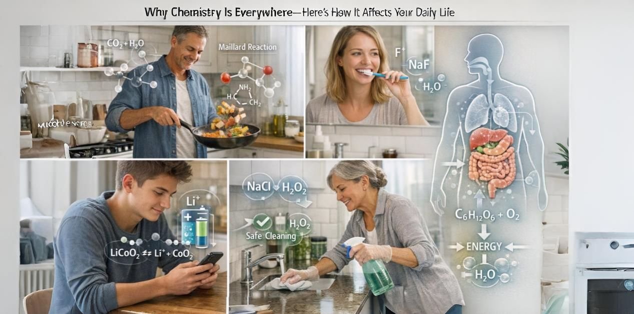 Chemistry Is Everywhere in daily life, showing chemical processes in food, health, technology, and household activities.