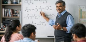 A good Chemistry teacher explaining complex chemical reactions on a whiteboard to attentive students, demonstrating concept-based learning and clear guidance.