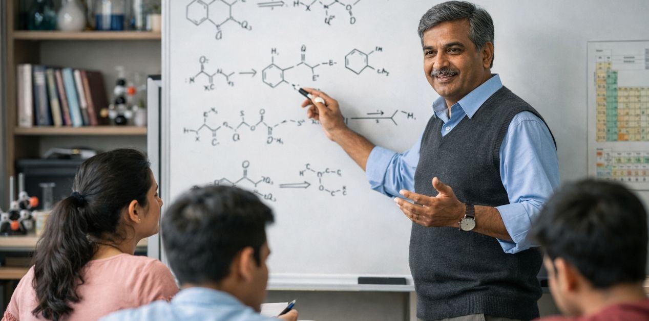 A good Chemistry teacher explaining complex chemical reactions on a whiteboard to attentive students, demonstrating concept-based learning and clear guidance.