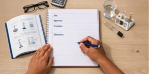 Student neatly writing aim, apparatus, procedure, and observation in a chemistry practical notebook, showing how to write in chemistry practical copy step by step on a study desk with lab equipment