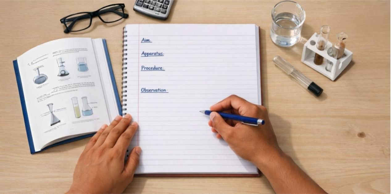 Student neatly writing aim, apparatus, procedure, and observation in a chemistry practical notebook, showing how to write in chemistry practical copy step by step on a study desk with lab equipment