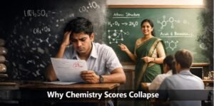 A frustrated student looking at a low-scoring chemistry answer sheet while sitting in a classroom, with chemistry formulas on the blackboard and a teacher explaining concepts in the background, showing why chemistry scores collapse due to weak fundamentals.