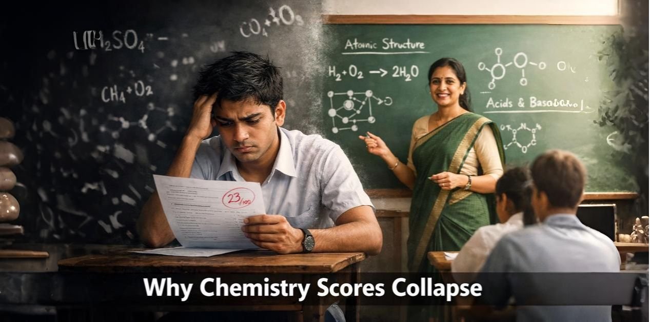 A frustrated student looking at a low-scoring chemistry answer sheet while sitting in a classroom, with chemistry formulas on the blackboard and a teacher explaining concepts in the background, showing why chemistry scores collapse due to weak fundamentals.
