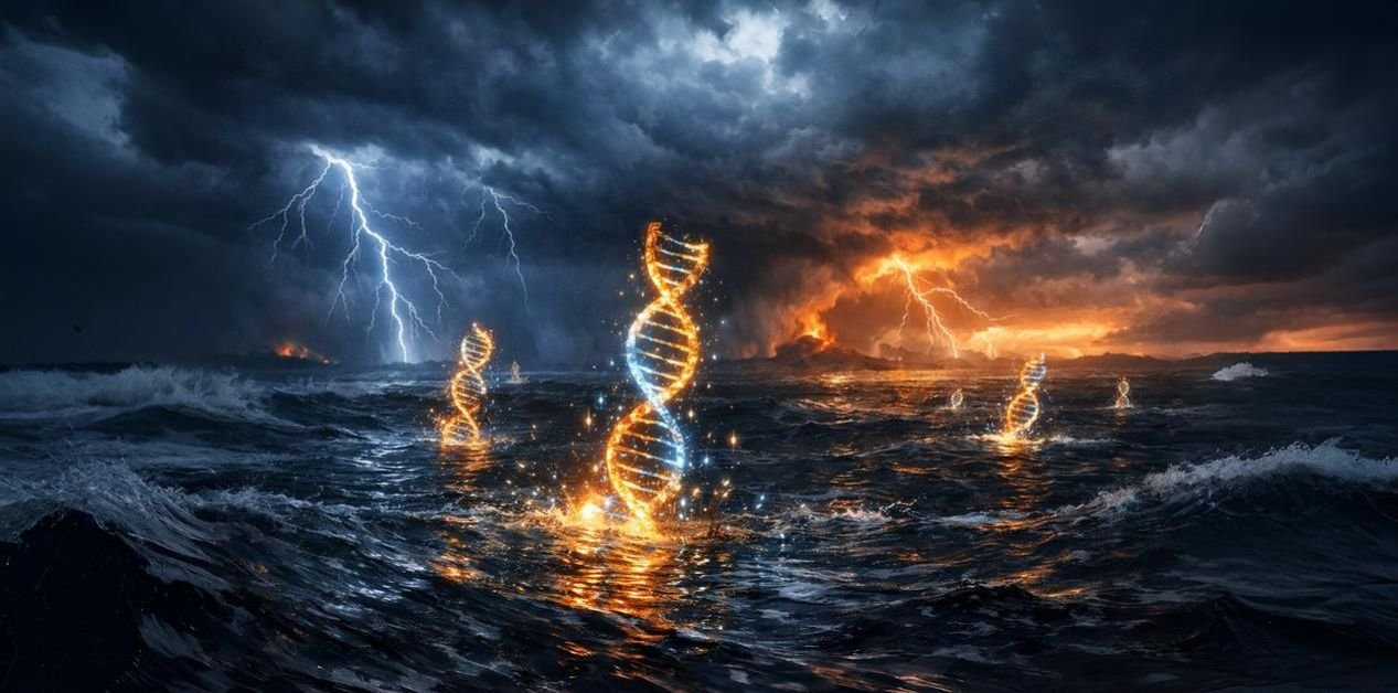 Artistic illustration of early Earth’s stormy oceans with lightning in the sky and glowing RNA-like strands emerging from the water, symbolizing how RNA reveals clues to the origins of life on Earth.