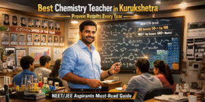 Best Chemistry Teacher in Kurukshetra teaching NEET and JEE students in classroom with smart board, formulas, and proven results concept