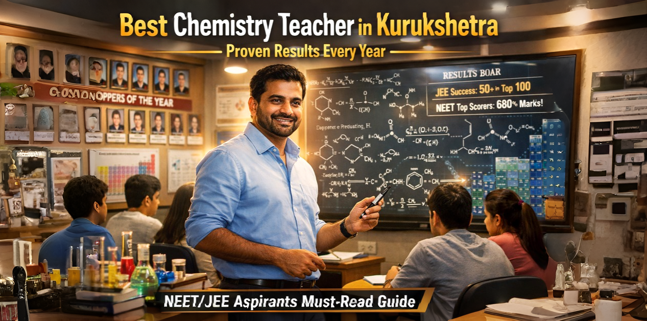 Best Chemistry Teacher in Kurukshetra teaching NEET and JEE students in classroom with smart board, formulas, and proven results concept