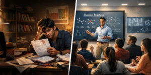Best Chemistry Teacher in Kurukshetra transforming a struggling student with low marks into confident success through clear concept teaching in a modern classroom.