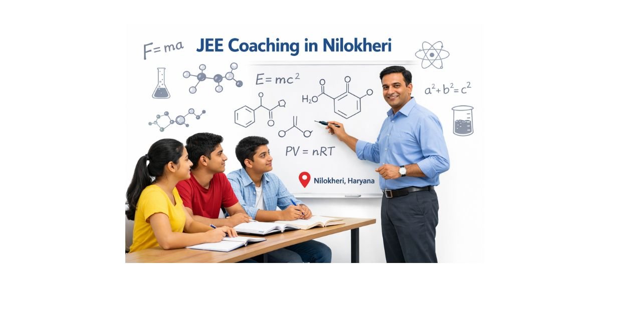 “JEE Coaching in Nilokheri Haryana classroom illustration showing teacher explaining physics and chemistry formulas to students with Nilokheri location highlighted.”