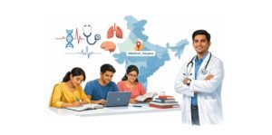 NEET Coaching in Nilokheri, Haryana illustration showing Indian medical aspirant students studying with books and laptop, a doctor mentor with stethoscope, and Nilokheri highlighted on the India map with medical symbols.”