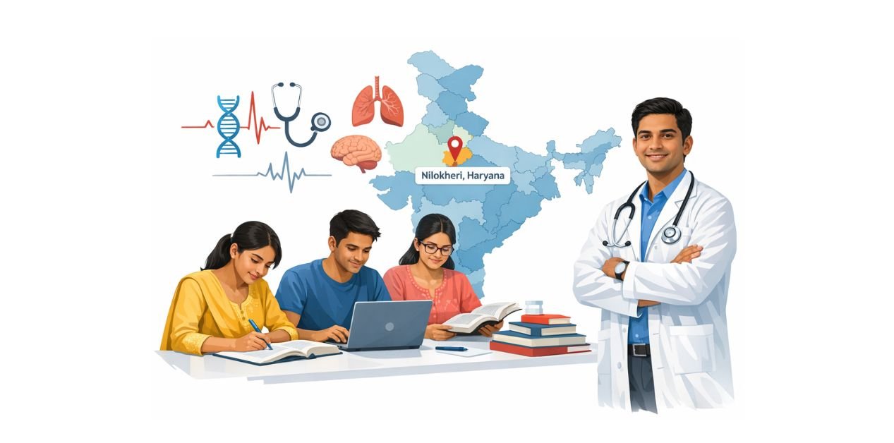 NEET Coaching in Nilokheri, Haryana illustration showing Indian medical aspirant students studying with books and laptop, a doctor mentor with stethoscope, and Nilokheri highlighted on the India map with medical symbols.”