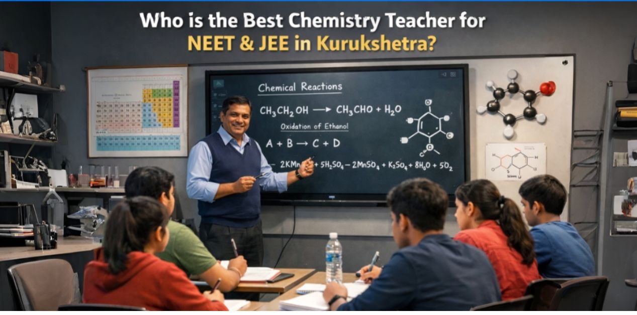 Chemistry teacher explaining reactions to NEET and JEE students in classroom, highlighting best chemistry teacher for NEET & JEE in Kurukshetra