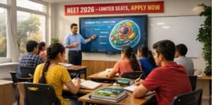 Students attending NEET Coaching in Kurukshetra classroom with teacher explaining human cell structure on digital board and NEET 2026 limited seats banner visible