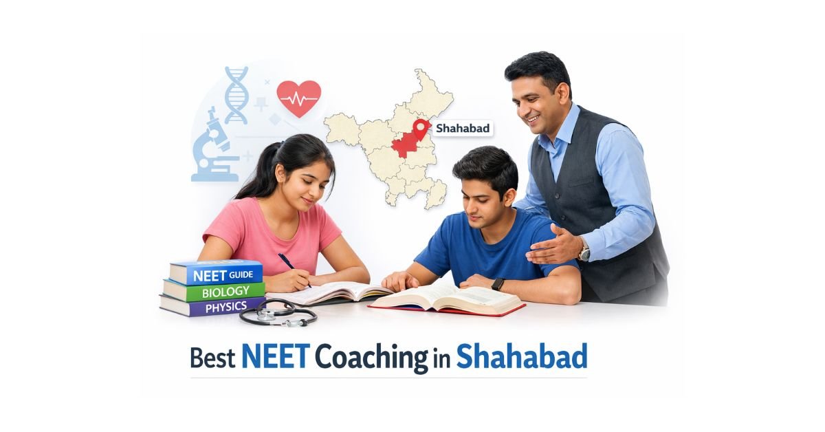 Best NEET Coaching in Shahabad showing Indian students studying biology and physics with a teacher mentor and Shahabad location highlighted on the Haryana map.”