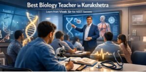 No.1 Biology Teacher in Kurukshetra teaching NEET students in a modern classroom with DNA visuals, human anatomy diagrams, and interactive learning environment.”