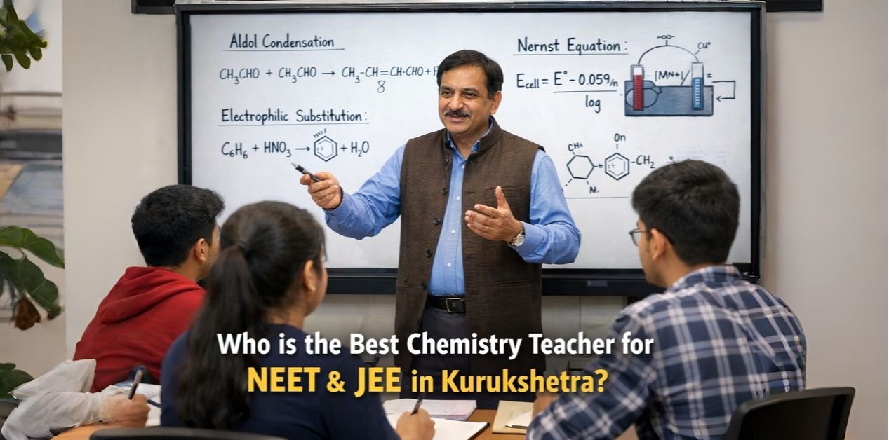 Experienced chemistry teacher explaining concepts on a whiteboard to attentive students in a classroom for NEET & JEE in Kurukshetra, creating an engaging learning environment.