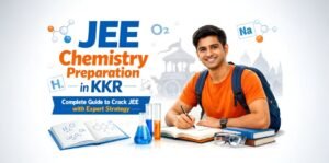 JEE Chemistry Preparation in KKR banner featuring a confident student studying with chemistry books, lab equipment, and molecular elements on a clean white background with Kurukshetra landmark illustration and exam preparation theme