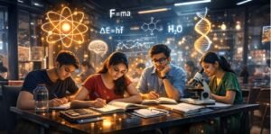 Students studying together in a modern classroom with scientific formulas, DNA model, and lab equipment, representing Physics, Chemistry, Biology Coaching for NEET and JEE preparation